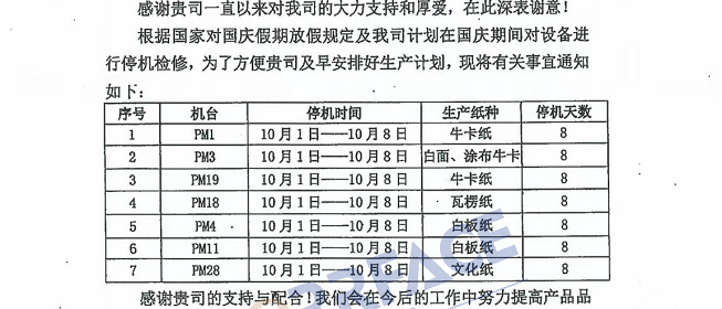 东莞玖龙7台纸机国庆停机